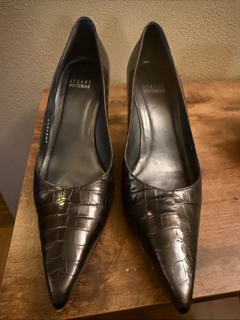 Stuart Weitzman Black Croc-Embossed Pointed Pumps